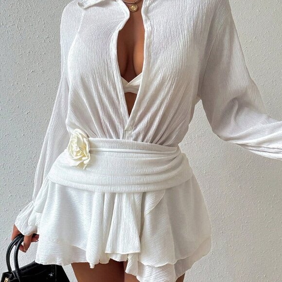 White Women's Ruffle Trim Flounce Sleeve Cover Up Dress Without Bikini - Picture 5 of 8